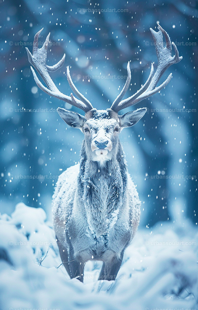 Stag With Antlers In The Snow | This majestic image captures a regal stag with snow-covered antlers, set in a wintery wonderland. Perfect for adding a sense of wilderness and beauty to your space, this piece is a stunning tribute to nature’s resilience and elegance. - Realisiert mit Pictrs.com
