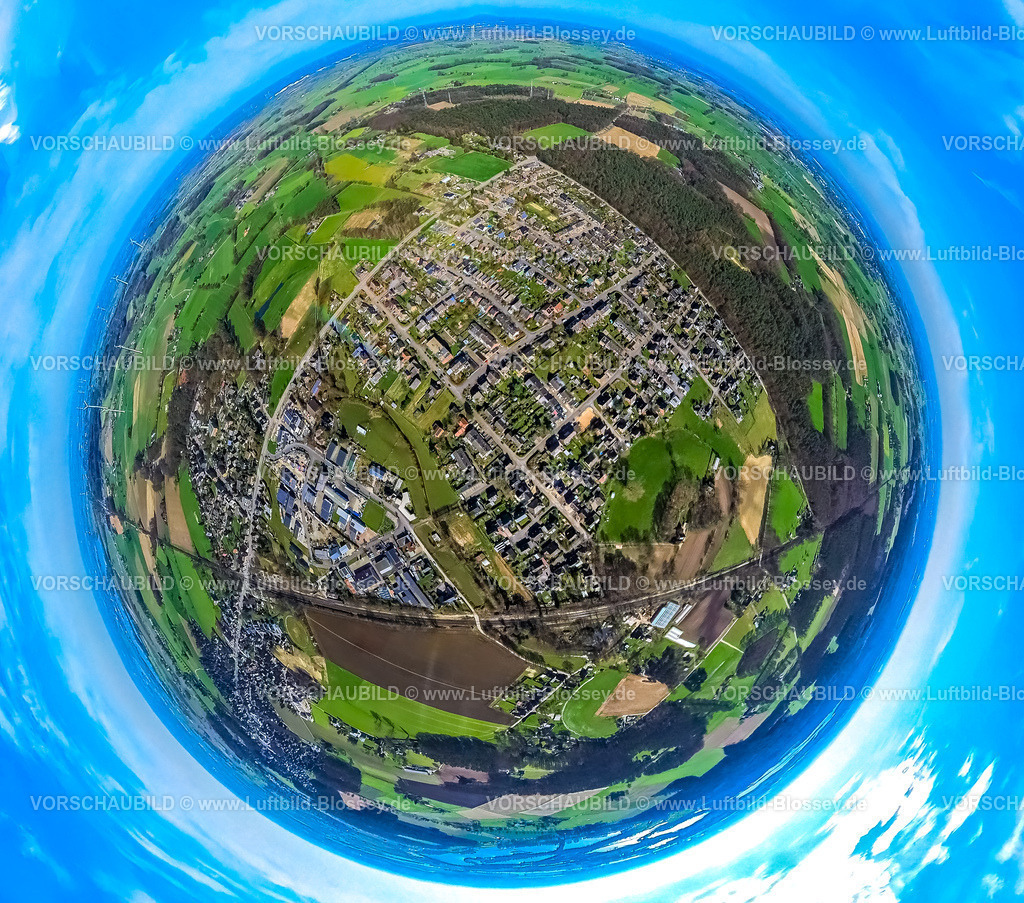 Hamminkeln240390106Mehrhoog | Luftbild, Wohngebiet Ortsansicht Ortsteil Mehrhoog, Ausbau der Betuweroute und Betuwe-Linie Eisenbahnstrecke, Wiesen und Felder, Erdkugel, Fisheye Aufnahme, Fischaugen Aufnahme, 360 Grad Aufnahme, tiny world, little planet, fisheye Bild, Mehrhoog, Hamminkeln, Nordrhein-Westfalen, Deutschland