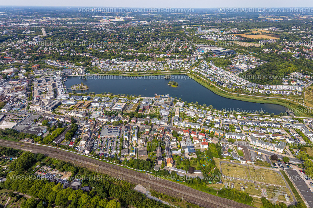 Dortmund250804054 | Luftbild, Phoenix-See mit Kulturinsel und Wohngebiet, ehemaliges Stahlwerksareal Phoenix-Ost, Hörde, Dortmund, Ruhrgebiet, Nordrhein-Westfalen, Deutschland