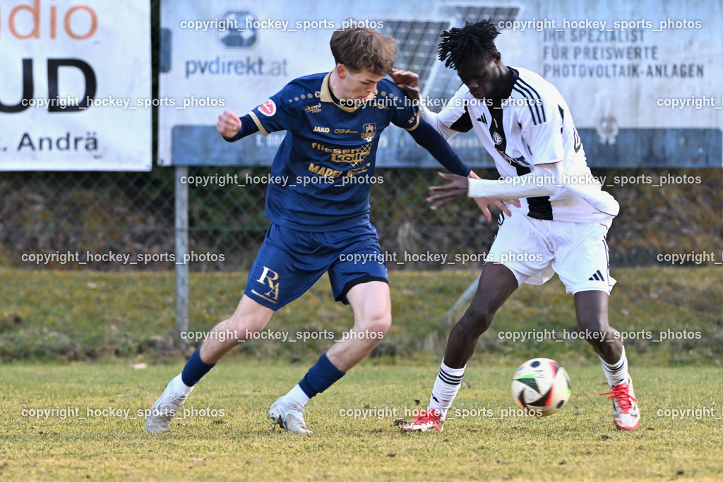 ATUS Velden vs. SPG LASK Amateure OÖ | #13 Jonas Peter Jochum ATUS Velden, #44 Issa Kone LASK Amateure, ATUS Velden vs. SPG LASK Amateure OÖ, ATUS Velden vs. SPG LASK Amateure OÖ am 07.03.2026 in Velden (Wald Arena Velden), Austria, (Photo by Bernd Stefan)