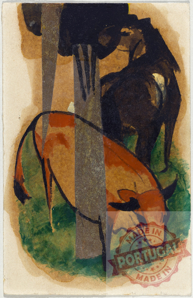 Abstract cubist painting of a red bull and dark horse | Abstract watercolor painting showing a red bull and a dark horse in an expressionist style - Realisiert mit Pictrs.com