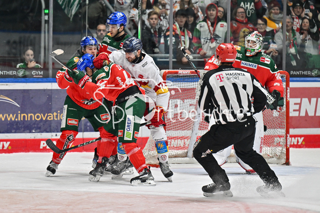 Augsburger Panther - Düsseldorfer EG | vor dem Tor von Strauss MANN (Augsburger Panther #38) haben Nolan ZAJAC (Augsburger Panther #44), Justin RICHARDS (Duessedorfer EG 14) und D. J. BUSDEKER (Augsburger Panther #14) einen Faustkampf / fight / DEL: Augsburger Panther - Düsseldorfer EG, Curt Frenzel Stadion am 13.12.2024