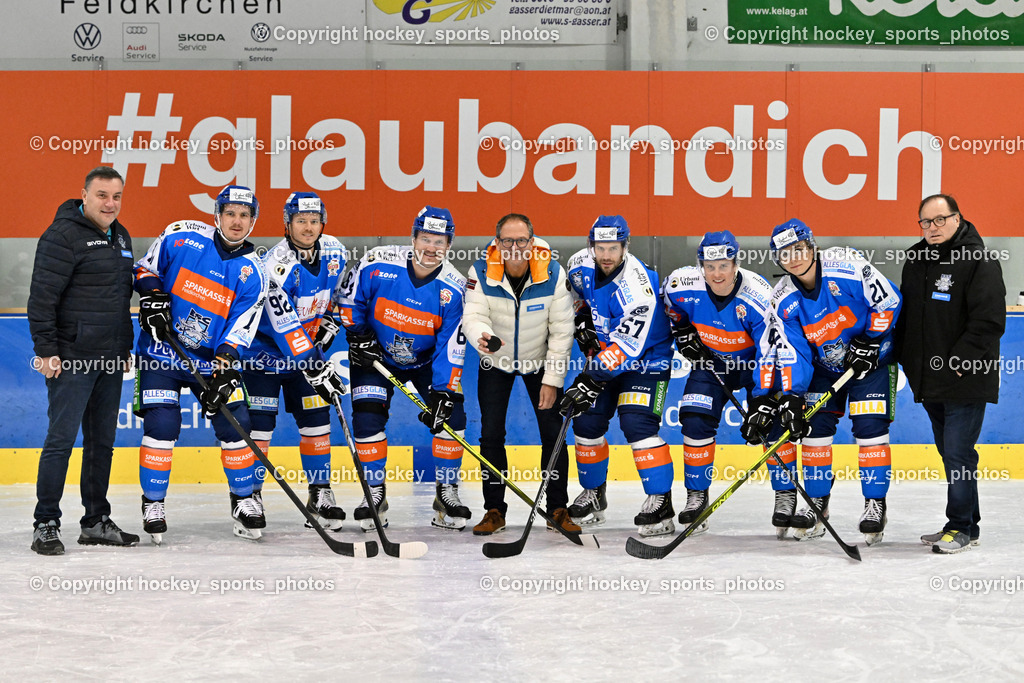 ESC Steindorf Sparkasse Feldkirchen Shooting | Hans Tschernutter Sektionsleiter ESC Steindorf, #21 WALDER PATRIK, #11 Luka Kalan, #92 RATZ PATRICK, #64 Stichauner Fabian, #57 Wilfan Franz, #46 Maurer Julian, Sportlicher Leiter ESC Steindorf Armin Rac, Gerhard Schreilechner, ESC Steindorf Sparkasse Feldkirchen Shooting, ESC Steindorf Sparkasse Feldkirchen Shooting am 24.10.2025 in Steindorf (Ossiachersee Halle), Austria, (Photo by Bernd Stefan)