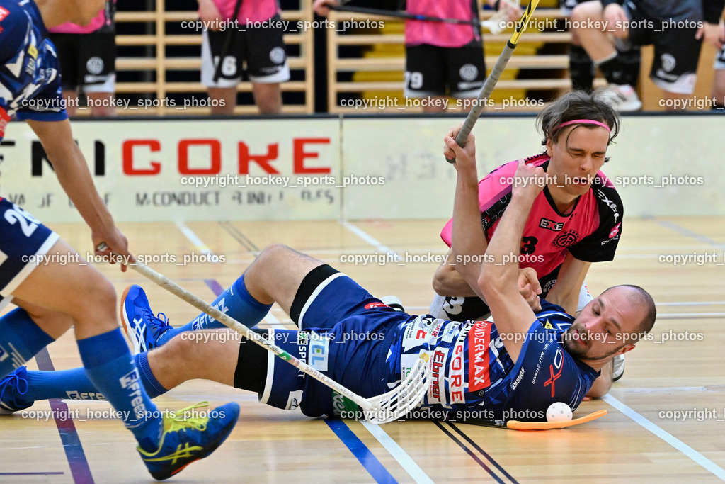 VSV Unihockey vs. Wiener Floorballferein 6.4.2024 | #13 Jan Sláma VSV Unihockey, #3 Jesse Laukkanen Wiener Floorballverein, VSV Unihockey vs. Wiener Floorballferein 6.4.2024, VSV Unihockey vs. Wiener Floorballferein  am 06.04.2024 in Villach (Ballspielhalle St. Martin), Austria, (Photo by Bernd Stefan)