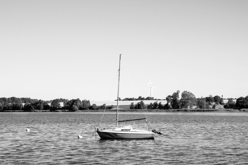 Wandbild: Segelboot in Sieseby in Schwarz-Weiß | Dieses Wandbild im Querformat zeigt ein Segelboot auf der Schlei in Sieseby in Schwarz-Weiß. Auf der anderen Seite der Schlei sind Felder und Bäume zu sehen. Der Himmel ist wolkenlos. - Realisiert mit Pictrs.com