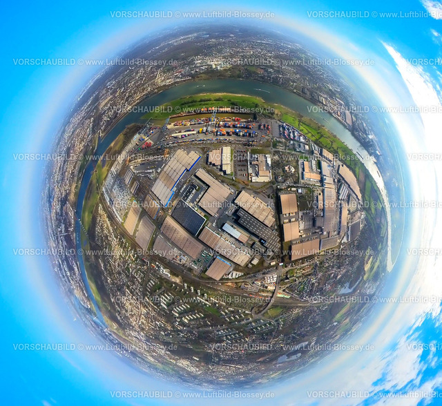 Duisburg240390020LogPortIRheinhausen-2 | Luftbild, logport I Rheinhausen am Fluss Rhein, Containerhafen, Duisburg Hafen D3T Duisburg Trimodal Terminal, AutomobilLogistik, Erdkugel, Fisheye Aufnahme, Fischaugen Aufnahme, 360 Grad Aufnahme, tiny world, little planet, fisheye Bild, Friemersheim, Duisburg, Ruhrgebiet, Nordrhein-Westfalen, Deutschland, Duisburg-fish