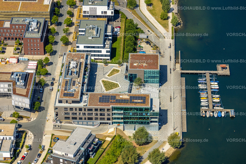 Dortmund220705090 | Luftbild, Phoenix-See, Geschaftshäuser am Hafen mit Segelbooten, Hörde, Dortmund, Ruhrgebiet, Nordrhein-Westfalen, Deutschland