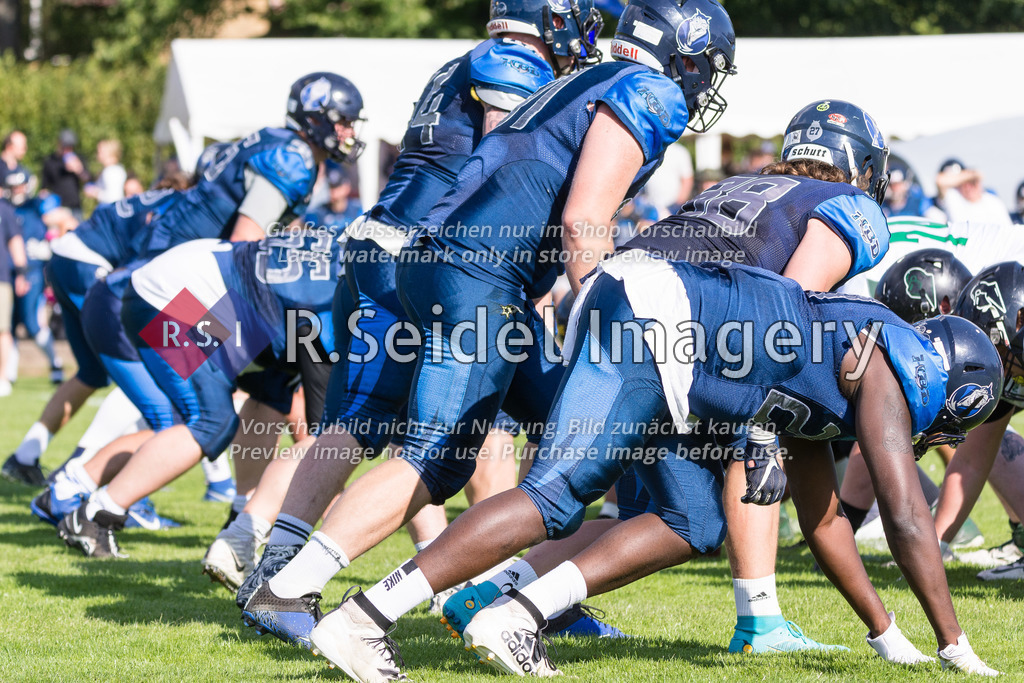 American Football, Saison 2022, Regionalliga Nord, Hamburg Blue Devils - Oldenburg Knights, Dr.-Hermann-Schnell-Sportplatz (Hamburg), 06.08.2022, 07. Gameweek | Blue Devils Spieler stellen sich an der Line of Scrimmage auf.