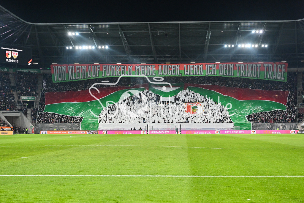 FC Augsburg - VfB Stuttgart | AUGSBURG, GERMANY - 22. MAERZ: die Fans der Hausherren mit einer Choreographie / Choreo zu Spielbeginn während dem Bundesligamatch zwischen dem FC Augsburg und dem VfB Stuttgart am 27. Spieltag in der WWK Arena / DFL REGULATIONS PROHIBIT ANY USE OF PHOTOGRAPHS AS IMAGE SEQUENCES AND/OR QUASI-VIDEO