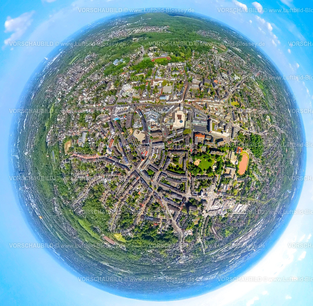 Bottrop230520071ZentrumMitte | Luftbild, City Innenstadtansicht mit Hansa Einkaufszentrum, Osterfelder Straße, Erdkugel, Fisheye Aufnahme, Fischaugen Aufnahme, 360 Grad Aufnahme, Altstadt, Bottrop, Ruhrgebiet, Nordrhein-Westfalen, Deutschland