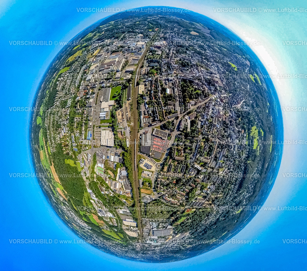 Schwelm240890756MitteBahnhof | Luftbild, City Innenstadtansicht mit  Bahnhof Schwelm, Gewerbegebiet Loherstraße, Erdkugel, Fisheye Aufnahme, Fischaugen Aufnahme, 360 Grad Aufnahme, tiny world, little planet, fisheye Bild, , Schwelm, Ruhrgebiet, Nordrhein-Westfalen, Deutschland