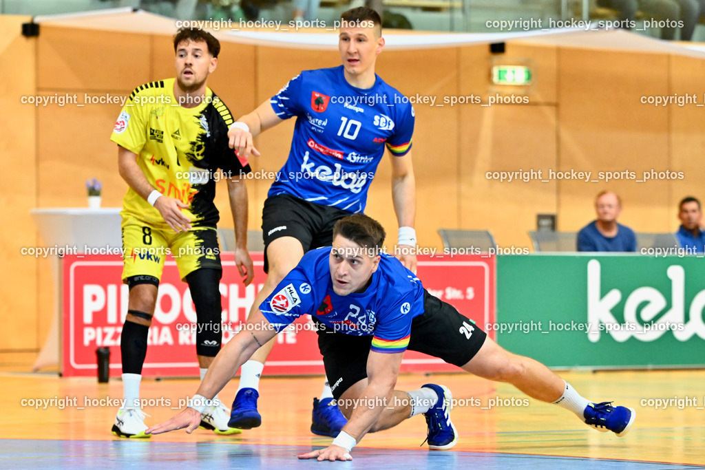 SC Ferlach vs. Bregenz Handball | #24 JOVANOVIC Mladan SC Ferlach, #10 Perkusic Toni SC Ferlach, #8 BURGER Sebastian Bregenz Handball, SC Ferlach vs. Bregenz Handball, SC Ferlach vs. Bregenz Handball am 28.09.2024 in Ferlach (Ballspielhalle Ferlach), Austria, (Photo by Bernd Stefan)