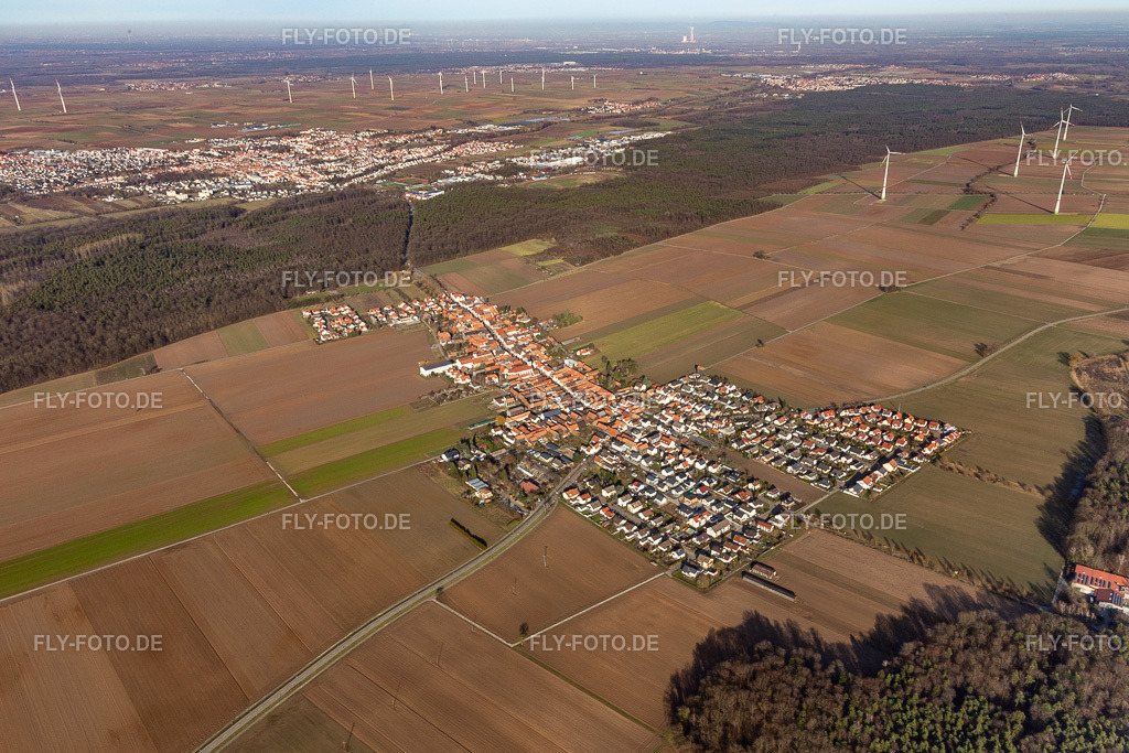 Ortsansicht von Südwesten | Luftbild: Ortsansicht von Südwesten im Ortsteil Hayna in Herxheim im Bundesland Rheinland-Pfalz in Deutschland. Foto: IMG_112601.jpg vom 13.02.2019 durch Werner Riehm/FLY-FOTO.de - Realisiert mit Pictrs.com