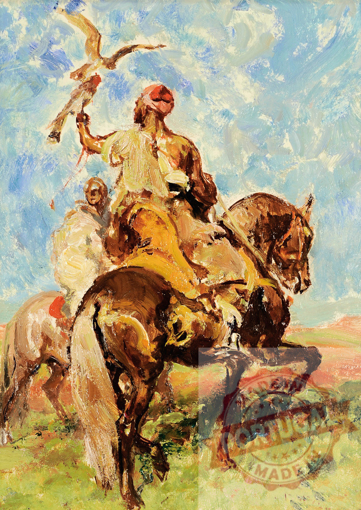 Arab falconer riding horse engaging in hunting. Henri Rousseau | Arab falconer on horseback releasing a falcon for hunting with another rider - Realized with Pictrs.com