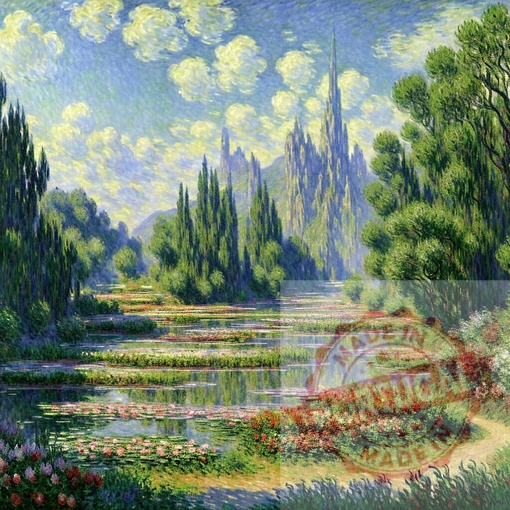 Fantasy landscape painting showing castle reflected in water. AI Experiments | Fantasy landscape painting depicting a distant castle, reflecting in water filled with water lilies - Realized with Pictrs.com