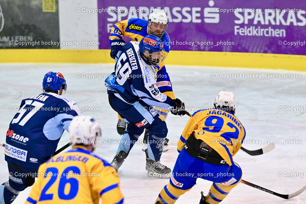 ESC Steindorf vs. EHC Althofen | #57 Wilfan Franz ESC Steindorf, #69 Kreuzer Philipp ESC Steindorf, #65 Lungkofler Gerald EHC Althofen, #92 Jagarinec Jakob Lukas EHC Althofen, ESC Steindorf vs. EHC Althofen, ESC Steindorf vs. EHC Alhofen am 03.03.2024 in Steindorf (Ossiachersee Halle), Austria, (Photo by Bernd Stefan)