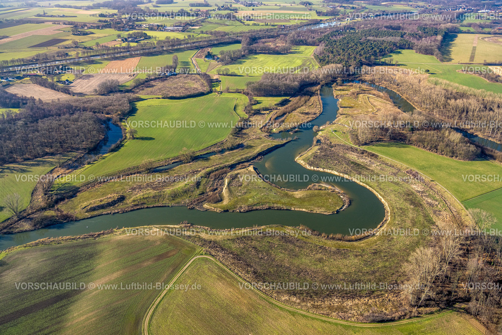 Olfen230206780Lippe | Luftbild, Renaturierung Fluss Lippe, Projekt Lebendige Lippe, Lipperband, Fluss Lippemäander, Fluss und Auenentwicklung, Olfen-Kirchspiel, Olfen, Münsterland, Nordrhein-Westfalen, Deutschland