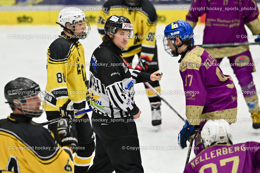 EC Kellerberg vs. EC Arnoldstein | #86 Martl Timo EC Arnoldstein, Eicher Herbert Referee, #97 Schwab Yannic EC Kellerberg, EC Kellerberg vs. EC Arnoldstein, EC Kellerberg vs. EC Arnoldstein am 31.01.2025 in Villach (Stadthalle Villach), Austria, (Photo by Bernd Stefan)