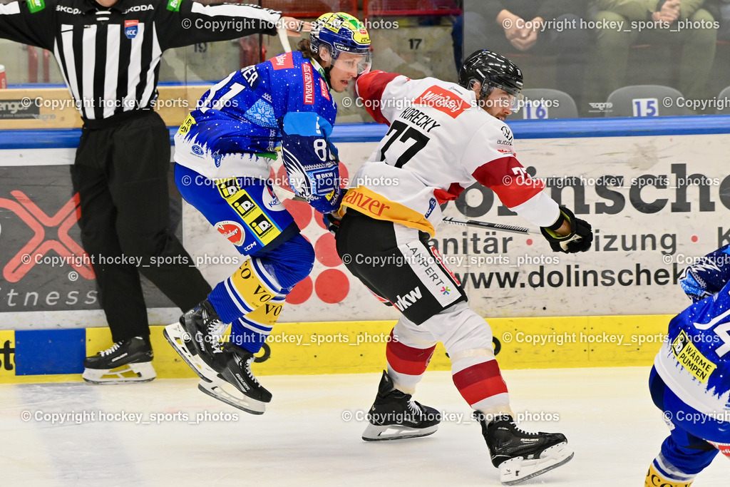 EC IDM Wärmepumpen VSV vs. Pioneers Vorarlberg | #81 RICHTER Marco EC VSV, #77 Korecky Ivan PIONEERS VORARLBERG, EC IDM Wärmepumpen VSV vs. Pioneers Vorarlberg, EC IDM Wärmepumpen VSV vs. Pioneers Vorarlberg am 14.12.2024 in Villach (Stadthalle Villach), Austria, (Photo by Bernd Stefan)