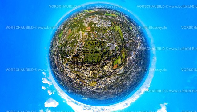 Witten241090018Mitte_Hauptfriedhof | Luftbild, Evangelischer Friedhof Pferdebachstraße, oben die Universität Witten/Herdecke, Erdkugel, Fisheye Aufnahme, Fischaugen Aufnahme, 360 Grad Aufnahme, tiny world, little planet, fisheye Bild, Sonnenschein, Witten, Ruhrgebiet, Nordrhein-Westfalen, Deutschland