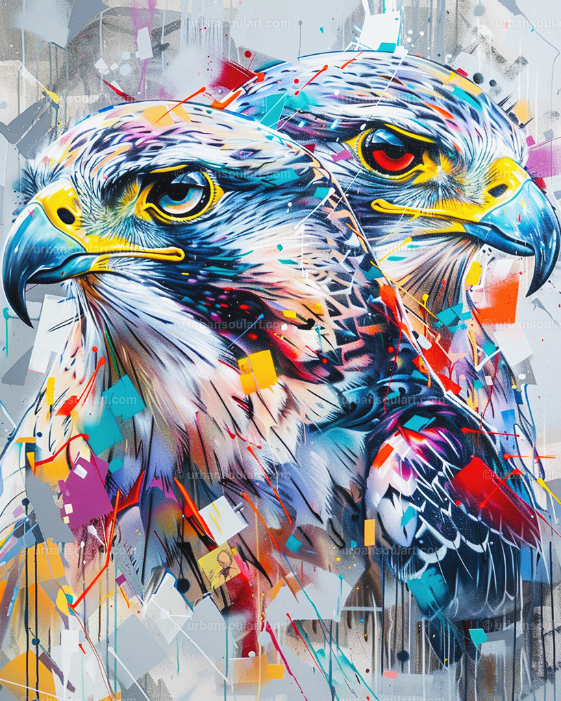 Two Falcon Heads | A striking composition of two falcons with colorful abstract touches. Great for nature enthusiasts or spaces needing a dynamic wildlife element. - Realisiert mit Pictrs.com