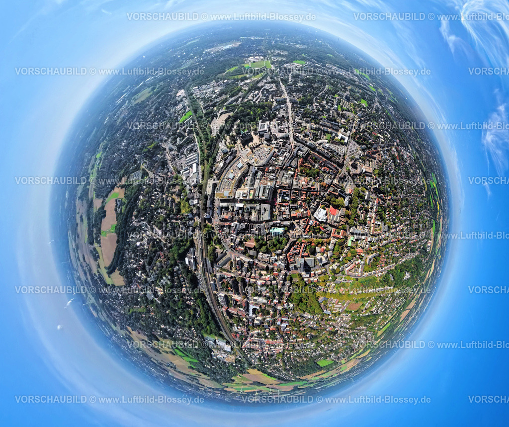 Recklinghausen250902324 | Luftbild, Altstadt und Altstadtring Herzogswall, Kurfürstenwall, Grafenwall, Kaiserwall und Königswall, in der Mitte die kath. Probsteikirche St. Peter, Erdkugel, Fisheye Aufnahme, Fischaugen Aufnahme, 360 Grad Aufnahme, tiny world, little planet, fisheye Bild, Innenstadt, Recklinghausen, Ruhrgebiet, Nordrhein-Westfalen, Deutschland