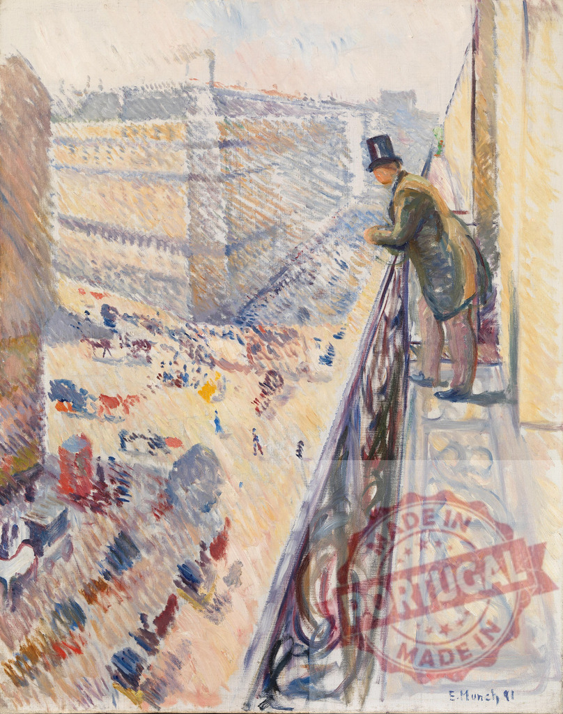 Edvard Munch painting man observing city street from balcony | Edvard Munch Man in top hat looking down at a busy street from a balcony, reflecting loneliness and urban life - Realized with Pictrs.com