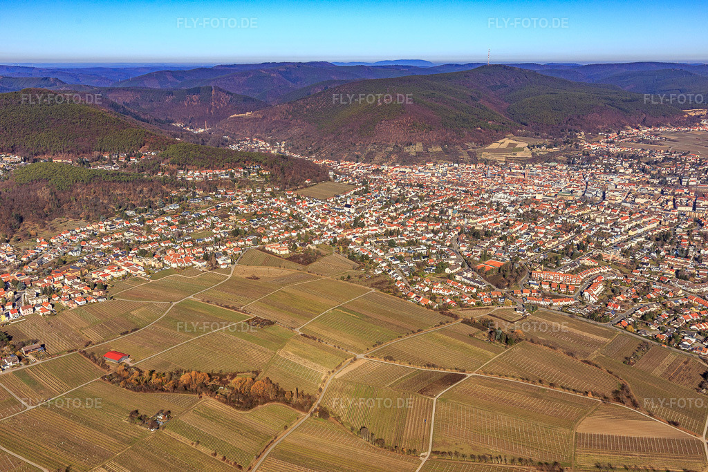 Luftbild: Stadtansicht aus Süden in Neustadt an der Weinstraße im Bundesland Rheinland-Pfalz in Deutschland. Foto: IMG_112747.jpg vom 27.02.2019 durch Werner Riehm/FLY-FOTO.de