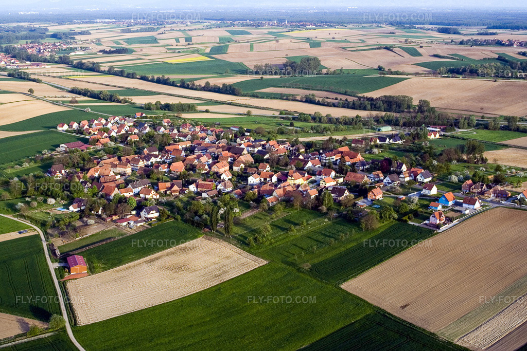 Aerial view: Agricultural fields and arable land in Hoffen in the state Bas-Rhin, France. – Photo: IMG_10633.jpg taken on 05/04/2008 by Werner Riehm/FLY-FOTO.com – Resolution of the original: 3456 x 2304 px