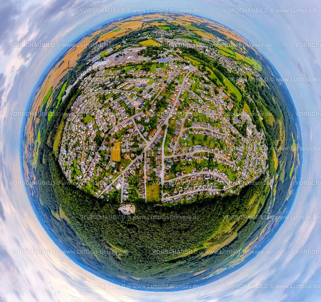 Warstein240790084GewerbegebietBelecke | Luftbild, Wohngebiet Ortsansicht Ortsteil Belecke, Erdkugel, Fisheye Aufnahme, Fischaugen Aufnahme, 360 Grad Aufnahme, tiny world, little planet, fisheye Bild, Belecke, Warstein, Soester Börde, Nordrhein-Westfalen, Deutschland