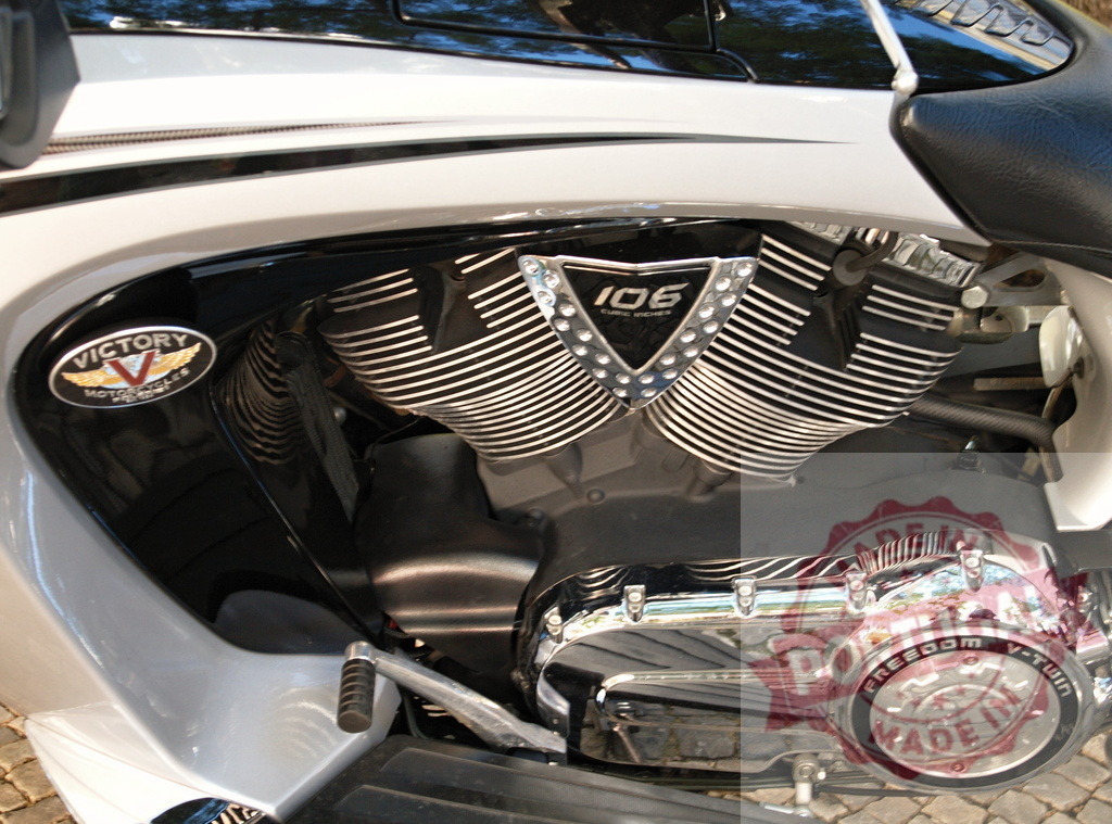 Victory Motorcycles Freedom V-twin 106 cubic inch engine | Victory Motorcycles Freedom V-twin 106 cubic inch engine details showing chrome and fins - Realized with Pictrs.com