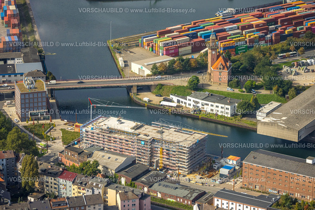 Dortmund231000685 | Luftbild, Dortmunder Hafen, Altes Hafenamt mit Turm, Baustelle mit Neubau an der Speicherstraße Hafenpromenade, Hafen, Dortmund, Ruhrgebiet, Nordrhein-Westfalen, Deutschland