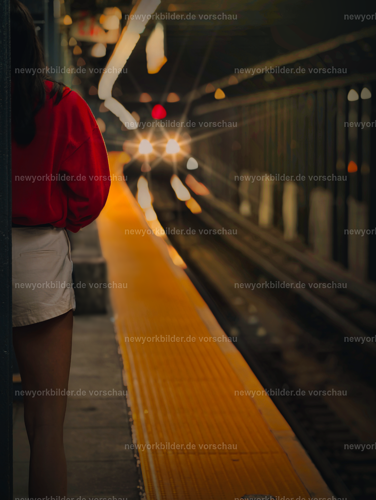 Hello "R-Train" - New Yorker Subway  | Die Subway ist das pulsierende Rückgrat von New York City – ein Ort, an dem sich täglich Millionen Wege kreuzen. Dieses Bild zeigt einen einfahrenden R-Train, dessen Scheinwerfer wie Lichtsterne im dunklen Untergrund erstrahlen. Das markante „R“ leuchtet auf der Zugfront, während die gelbe Begrenzungslinie den Blick entlang der Schienen führt. Im Vordergrund warten Menschen, jeder mit seiner eigenen Geschichte, während der Zug mit kraftvoller Dynamik in die Station rauscht. Die Szene ist voller Energie und Kontraste: das metallische Glitzern des Zuges, die warmen Lichtreflexe und die Spannung des Augenblicks. Hier unten ist die Stadt anders – roh, authentisch und voller Rhythmus. Trotz aller Herausforderungen bleibt die Subway der schnellste Weg, um die Metropole zu erleben, und sie erzählt Geschichten von Bewegung, Begegnung und urbanem Leben. Dieses Foto ist New York pur: hektisch, lebendig und faszinierend – ein Moment, der die Seele der Stadt einfängt.