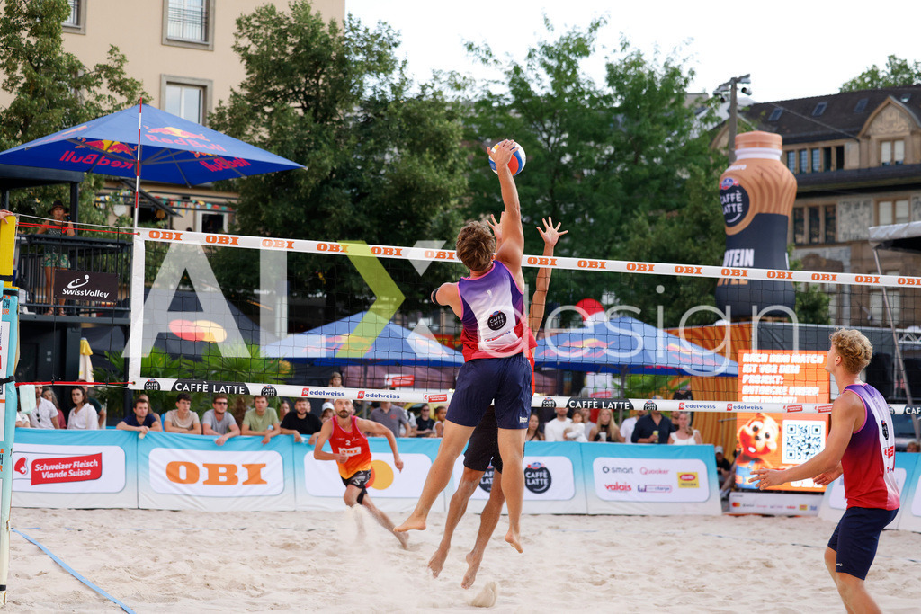 Obi BeachTour 2026 - Basel | BASEL, SWITZERLAND - JULY 18: FLORIAN BREER (SUI) attack / spike during the Obi BeachTour 2026 match between MASSEREY / SCHNEGG (SUI) and BREER / KÄLIN (SUI) at Barfüsserplatz on July 18, 2026 in Basel, Switzerland. - Realisiert mit Pictrs.com