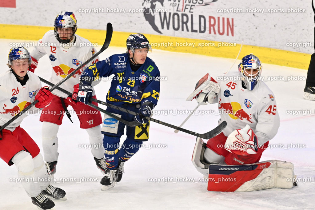 RED BULL HOCKEY JUNIORS vs. EK DIE ZELLER EISBÄREN | #26 Bosecker Lars Lion RED BULL HOCKEY JUNIORS, #12 Kolarik Leon RED BULL HOCKEY JUNIORS, #23 Jennes Christian EK DIE ZELLER EISBÄREN, #45 Ankirchner Valentin RED BULL HOCKEY JUNIORS, RED BULL HOCKEY JUNIORS vs. EK DIE ZELLER EISBÄREN, RED BULL HOCKEY JUNIORS vs. EK DIE ZELLER EISBÄREN am 14.01.2025 in Salzburg (Eisarena Salzburg), Austria, (Photo by Bernd Stefan)