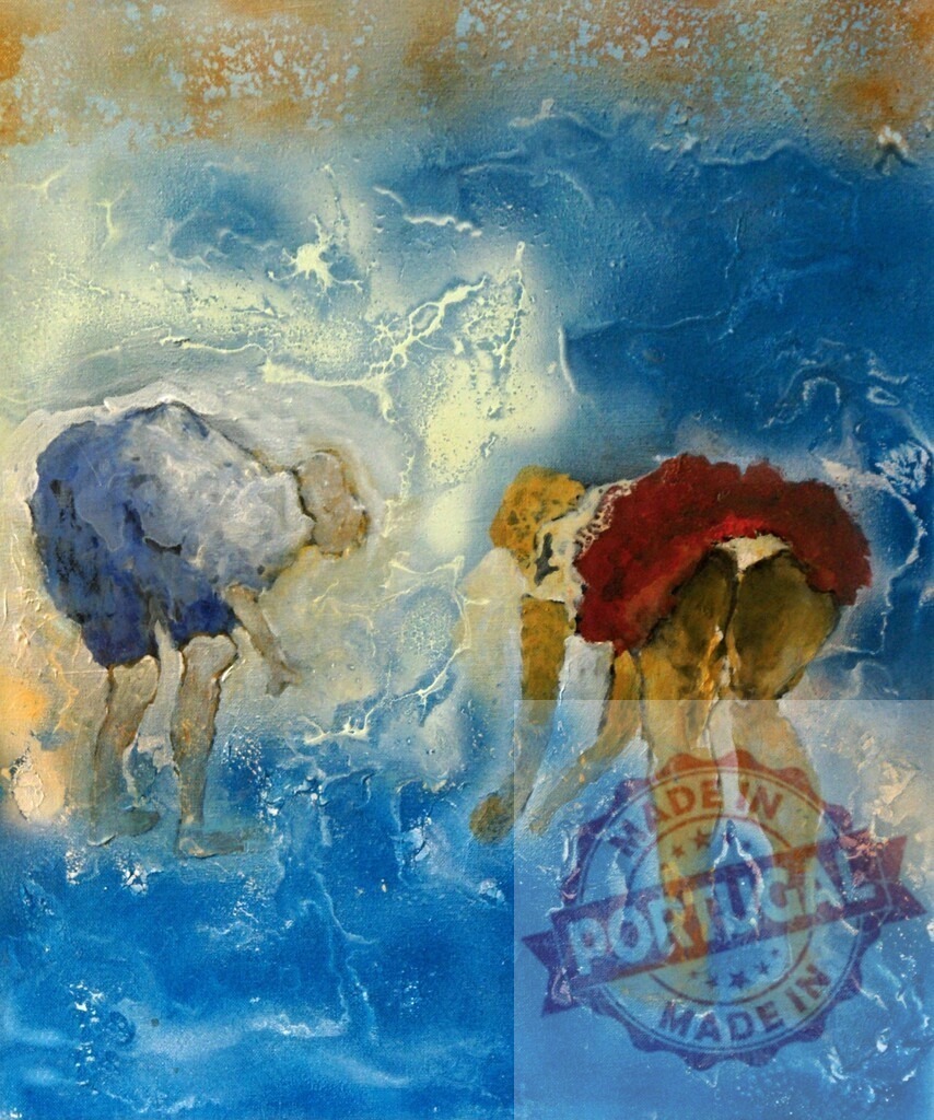 Figures bending over in abstract blue water painting | Two abstract figures bending over in a textured oil painting featuring blue water and expressionistic style - Realisiert mit Pictrs.com