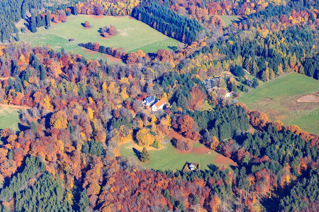 Luftbild: Jagdschloss Eulbach und Forsthaus Eulbach am Englischer Garten Eulbach im Ortsteil Würzberg in Michelstadt im Bundesland Hessen in Deutschland.Foto: IMG_084995.jpg vom 01.11.2015 durch Werner Riehm/FLY-FOTO.deEulbach - Schloss und Forsthaus - Alter OdenwaldEnglischer Garten Eulbach - Wildpark und Top-AusflugszielForsthaus Eulbach