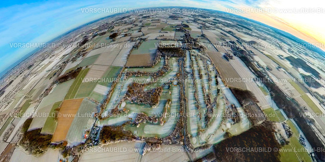 Hamm221290022GolfplatzDrechen | Luftbild von Hamm im Schnee, winterlicher Golfplatz Gut Drechen, fisheye, Fisheye Aufnahme, Fischaugen Aufnahme, 360 Grad Aufnahme, Uentrop, Hamm, Ruhrgebiet, Nordrhein-Westfalen, Deutschland
