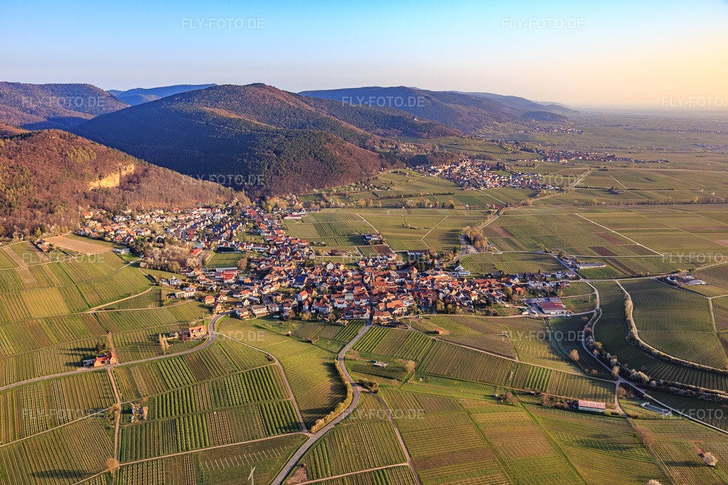 Luftbild: Ortsansicht von Südosten in Frankweiler im Bundesland Rheinland-Pfalz in Deutschland. Foto: IMG_126278.jpg vom 04.04.2021 durch Werner Riehm/FLY-FOTO.de