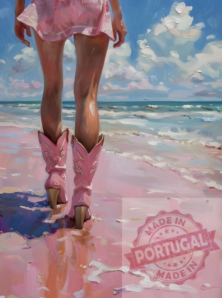 Woman walking on pink beach in cowboy boots | Woman walking along the coastline in pink cowboy boots on a surreal pink sand beach - Realized with Pictrs.com