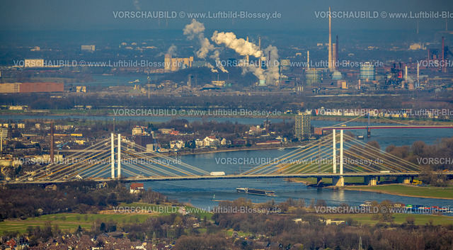 Duisburg240303342 | Luftbild, Rheinbrücke Neuenkamp, hinten rauchende Schornsteine des thyssenkrupp Steel Werks und Holcim Duisburg Türme, Neuenkamp, Duisburg, Ruhrgebiet, Nordrhein-Westfalen, Deutschland, Duisburg-S