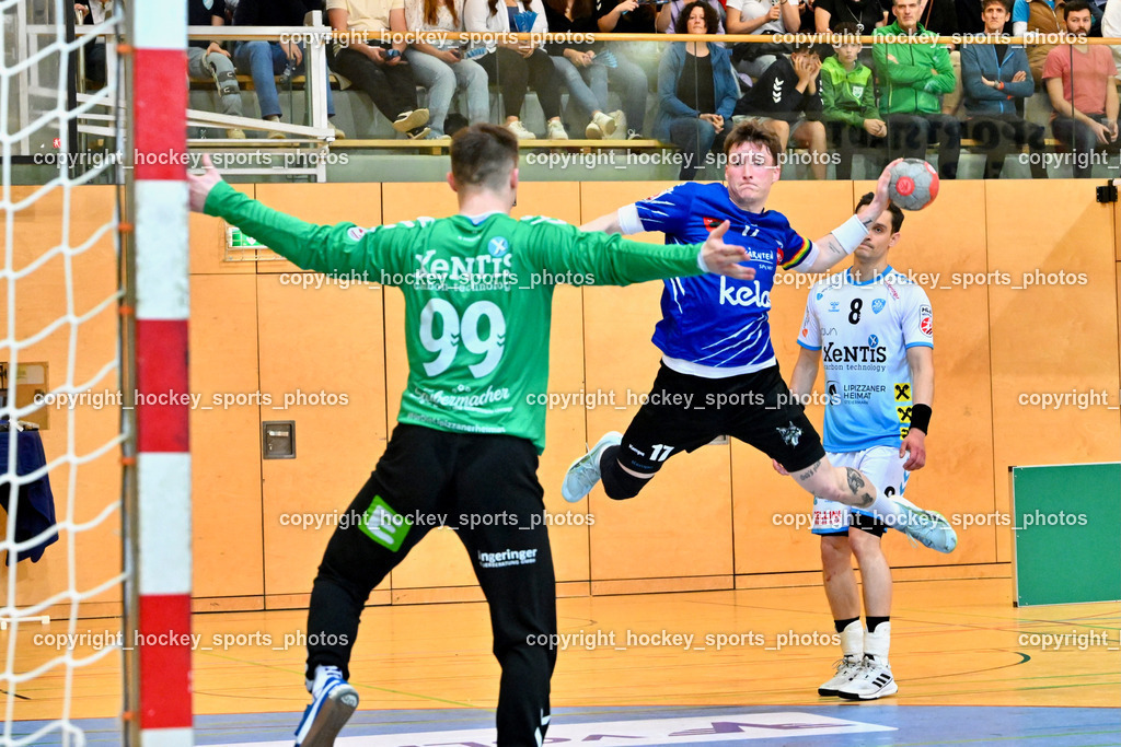 SC Ferlach vs. HSG Bärnbach/Köflach 30.3.2024 | #99 Strasek Denis HSG Bärnbach, #17 PAVLOV Hari SC Ferlach, SC Ferlach vs. HSG Bärnbach/Köflach 30.3.2024, SC Ferlach vs. HSG Bärnbach/Köflach am 30.03.2024 in Ferlach (Ballspielhalle Ferlach), Austria, (Photo by Bernd Stefan)