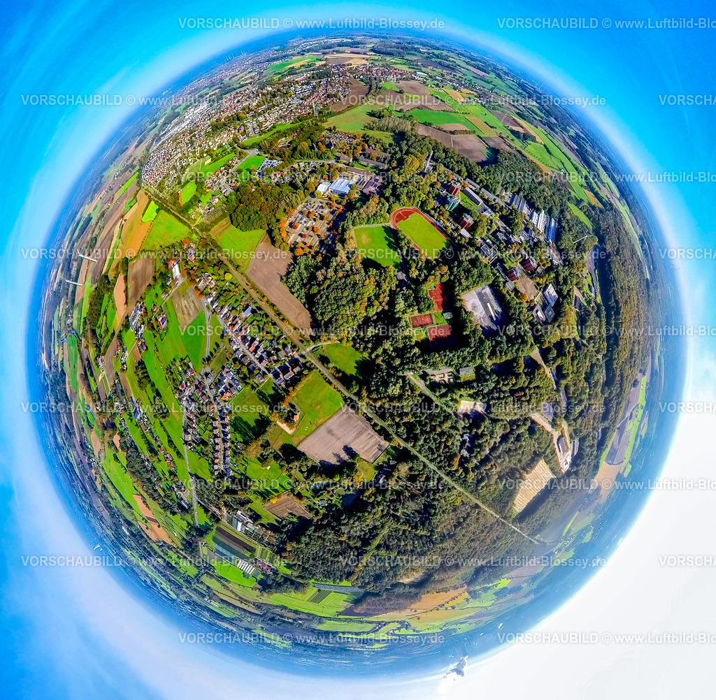 Selm241190509BorkPolizeischule | Luftbild, IPA-HAUS Selm / Bork Polizeibehörde, Polizeischule  Schulungszentrum Hochhäuser Im Sundern, Erich-Klausener-Straße, Sportanlage Westring Fußballstadion und Leichtathletikstadion, Erdkugel, Fisheye Aufnahme, Fischaugen Aufnahme, 360 Grad Aufnahme, tiny world, little planet, fisheye Bild, Bork, Selm, Ruhrgebiet, Nordrhein-Westfalen, Deutschland