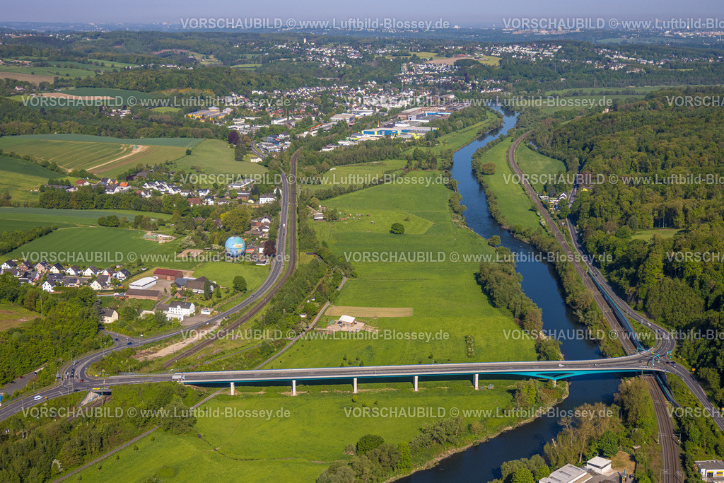 Wetter240503559 | Luftbild, Neue Ruhrbrücke Wetter mit Fluss Ruhr und Ruhrweiden, übergroße blaue Weltkugel, Gaskugel Gasometer an der Gasreglerstation, Blick nach Wengern, links Bahnlinie Ruhrtalbahn, rechts Bahnlinie Witten-Wetter, Volmarstein, Wetter, Ruhrgebiet, Nordrhein-Westfalen, Deutschland