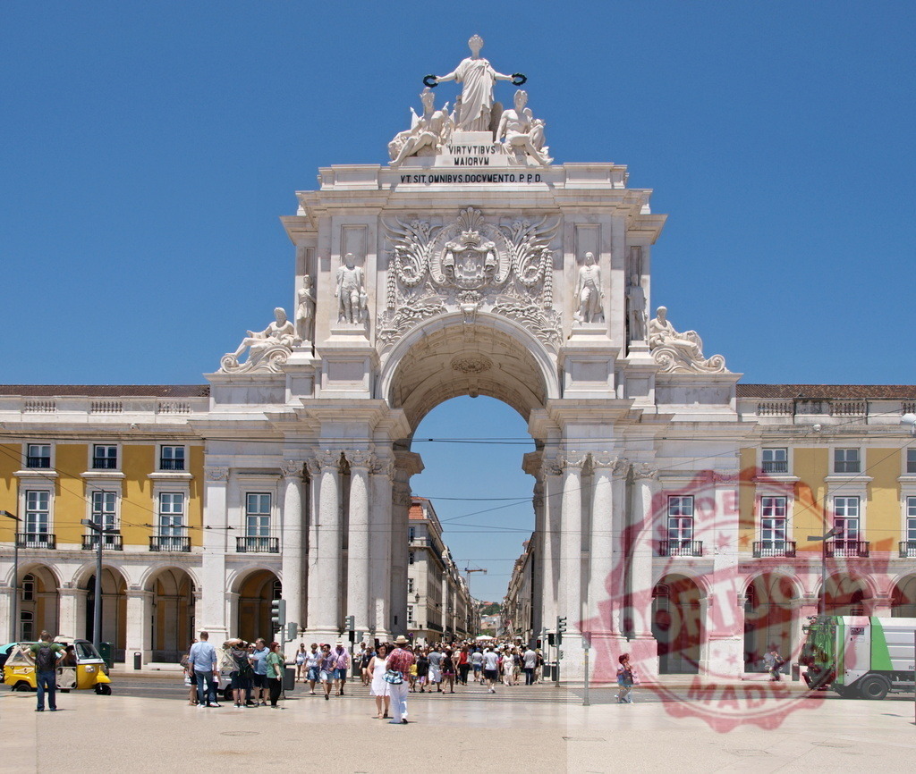 Rua Augusta Arch building with people walking in Lisbon. Lisbon - Portugal | Rua Augusta Arch standing tall over people walking in Commerce Square - Realized with Pictrs.com