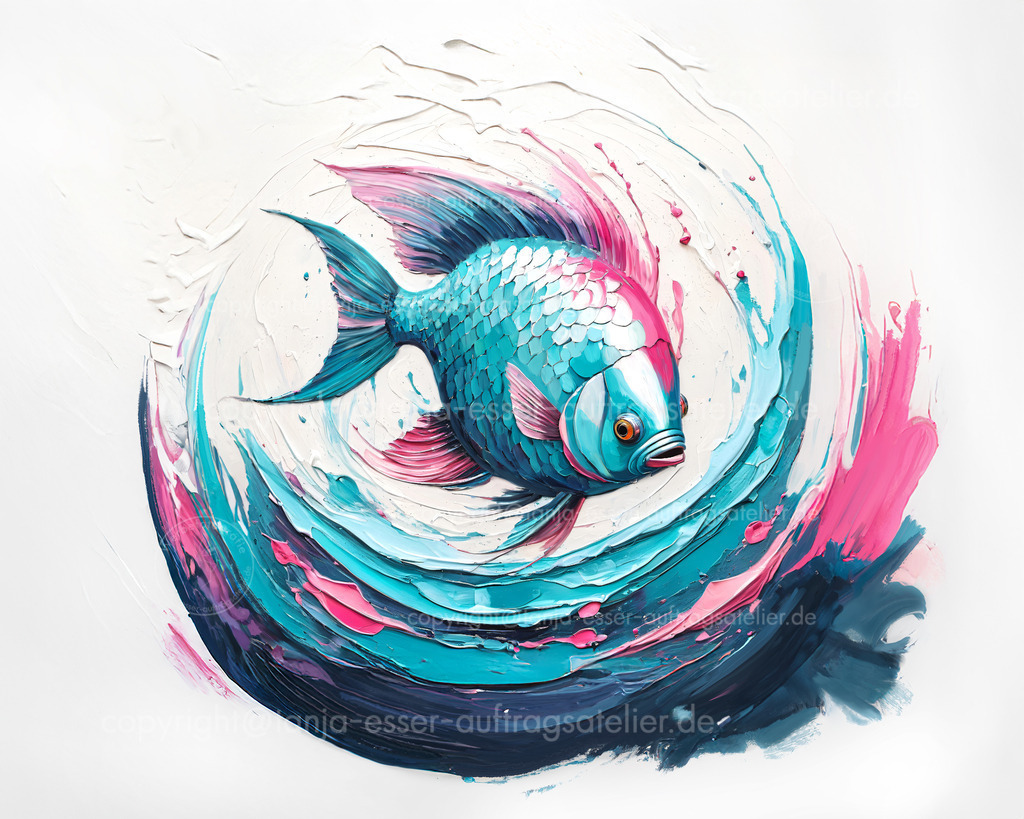 117 Fisch Impasto D | Ein türkis pinker Fisch wurde in Inpasto Malerei mit einem Malmesser auf eine Keilwand gemalt. Weißer Hintergrund mit kurvigen Strichen als Wellenandeutung und Spritzer. Sehr strukturierte dicke Paste. Copy Space. 