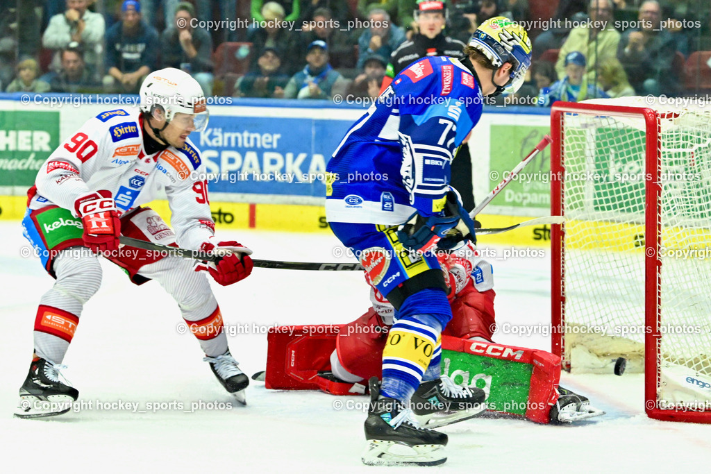 EC IDM Wärmepumpen VSV vs. EC KAC  | #90 Fraser Matthew EC KAC, #77 LINDNER Philipp EC VSV, #32 Dahm Sebastian EC KAC, Tor EC VSV, Game Winner, EC IDM Wärmepumpen VSV vs. EC KAC , EC IDM Wärmepumpen VSV vs. EC KAC  am 27.10.2024 in Villach (Stadthalle Villach), Austria, (Photo by Bernd Stefan)