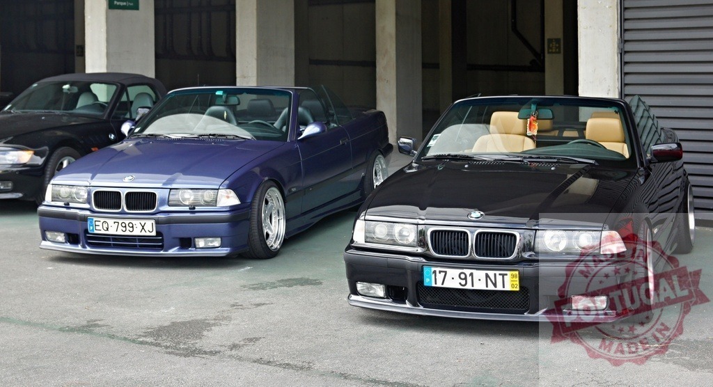 BMW E36 convertible sport cars parking underground | Two modified BMW E36 convertibles displaying stance culture in an underground parking garage - Realized with Pictrs.com