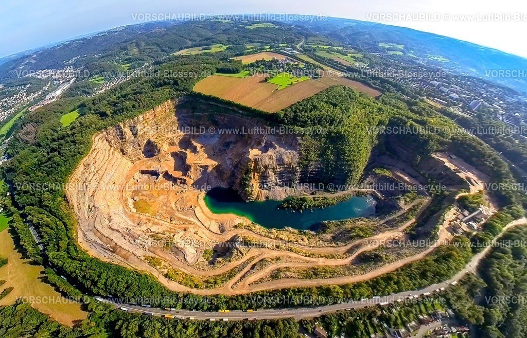 Hagen230990021 Steinbruch Donnerkuhle | Luftbild, Steinbruch Donnerkuhle, Bundessstraße B7, Erdkugel, Fisheye Aufnahme, Fischaugen Aufnahme, 360 Grad Aufnahme, tiny world, Lennetal, Hagen, Ruhrgebiet, Nordrhein-Westfalen, Deutschland