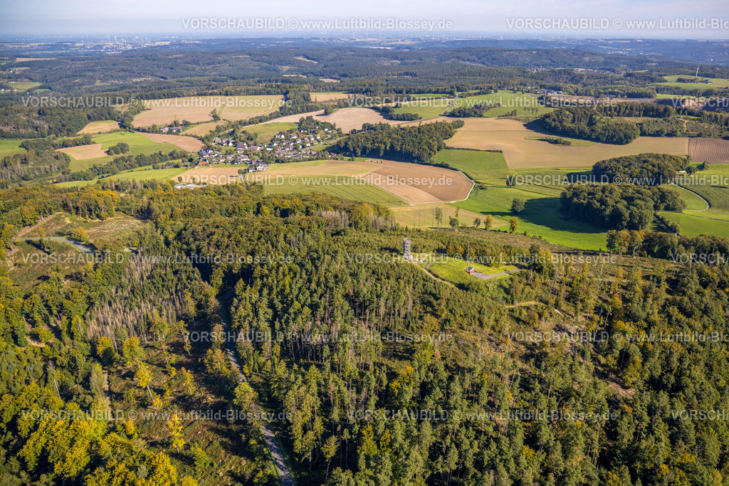 Balve230907591 | Luftbild, Aussichtsturm Ebberg im Waldgebiet mit Waldschäden, Eisborn, Balve, Sauerland, Nordrhein-Westfalen, Deutschland